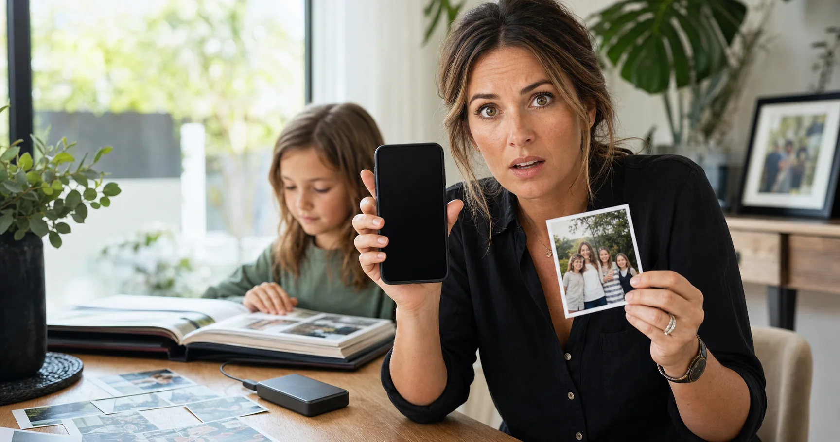 Surprised mother holding a blank phone and a printed family photograph while her daughter looks through a photo album